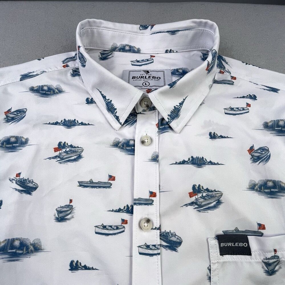 Burlebo Lake Weekend Shirt Mens L White Performance Button Up Short Sleeve Boat